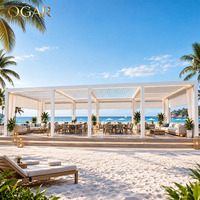 Pergola motorisée en aluminium blanc avec toit à lames orientables, abri extérieur pour hôtel en bord de mer et zone hôtelière