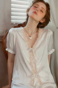 Sexy Lace Two-<strong>Piece</strong> <strong>Pajama</strong> Set Luxurious <strong>Black</strong> Pink <strong>White</strong> Satin <strong>Pajamas</strong> for Comfortable Sleeping