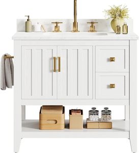 Meuble-lavabo <span class=keywords><strong>de</strong></span> <span class=keywords><strong>salle</strong></span> <span class=keywords><strong>de</strong></span> <span class=keywords><strong>bain</strong></span> moderne en chêne <span class=keywords><strong>de</strong></span> 30 pouces avec miroir intelligent, 2 tiroirs et 2 étagères ouvertes, idéal pour appartement et villa - Product Image 1