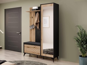 Juego de Perchero de pasillo negro de roble de madera de estilo contemporáneo con armario y estante para zapatos con espejo - Product Image 1