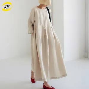 OEM Produk Baru Pakaian Wanita Katun Linen Lengan Panjang Gaun Maxi Linen dengan Saku