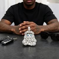 Moissanita Hip Hop Plata 925, Joyería Bling Bling Exquisita Hecha a Mano, con Diseño de Corona de Espinas y Cara Triste 3D, Estilo Urbano, Pasa la Prueba del Detector