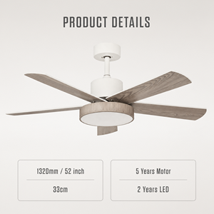 Ventilateur de plafond LED <span class=keywords><strong>ProBreeze</strong></span>, 5 pales, style européen moderne, corps en plastique, 52 pouces, silencieux, moteur DC 6 vitesses, avec variateur d'intensité - Product Image 4