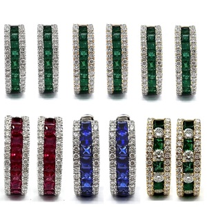 Boucles d'oreilles créoles classiques de haute qualité en or blanc 18 carats avec émeraude et diamant pour femme, cadeau de mariage et de fête - Product Image 4