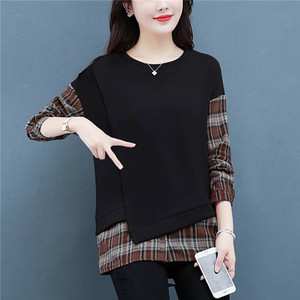 Women's Plaid <b>Patchwork</b> Sweatshirt Set Cotton Lined Loose Casual Autumn Spring Base Layer <b>Top</b> Black Coffee Color - Product Image 4