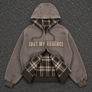 Sudadera con Capucha y Cremallera Just My Essence para Hombre, Estilo Bordado, Forro de Felpa a Cuadros, Algodón - Product Image 1