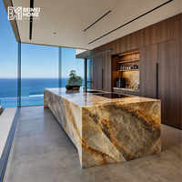 Meubles de cuisine modernes BEIMEI pour villa de style côtier, îlot en quartzite Patagonia, porte coulissante, placage en noyer fumé, menuiserie sur mesure