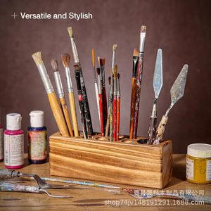 Wooden Pen Holder <b>Solid</b> <b>Wood</b> <b>Desk</b> Organizer Square Shape For Paintbrushes And Art Tools - Product Image 1