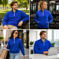 Sweat-shirt unisexe bleu roi à col montant zippé, avec fermeture éclair blanche contrastante, poche kangourou, tricot épais, personnalisable avec broderie d'équipe
