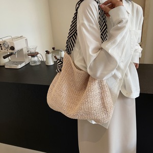 Sacs à bandoulière en paille tissés à la main, style bohème chic, tendance, sacs fourre-tout à bandoulière, deux poignées, motif géométrique, portables, printemps - Product Image 6