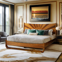 Cama de Plataforma de Madera Maciza Resistente al Agua con Cabecera Art Deco con Diseño de Atardecer Dorado para Dormitorio OEM/ODM
