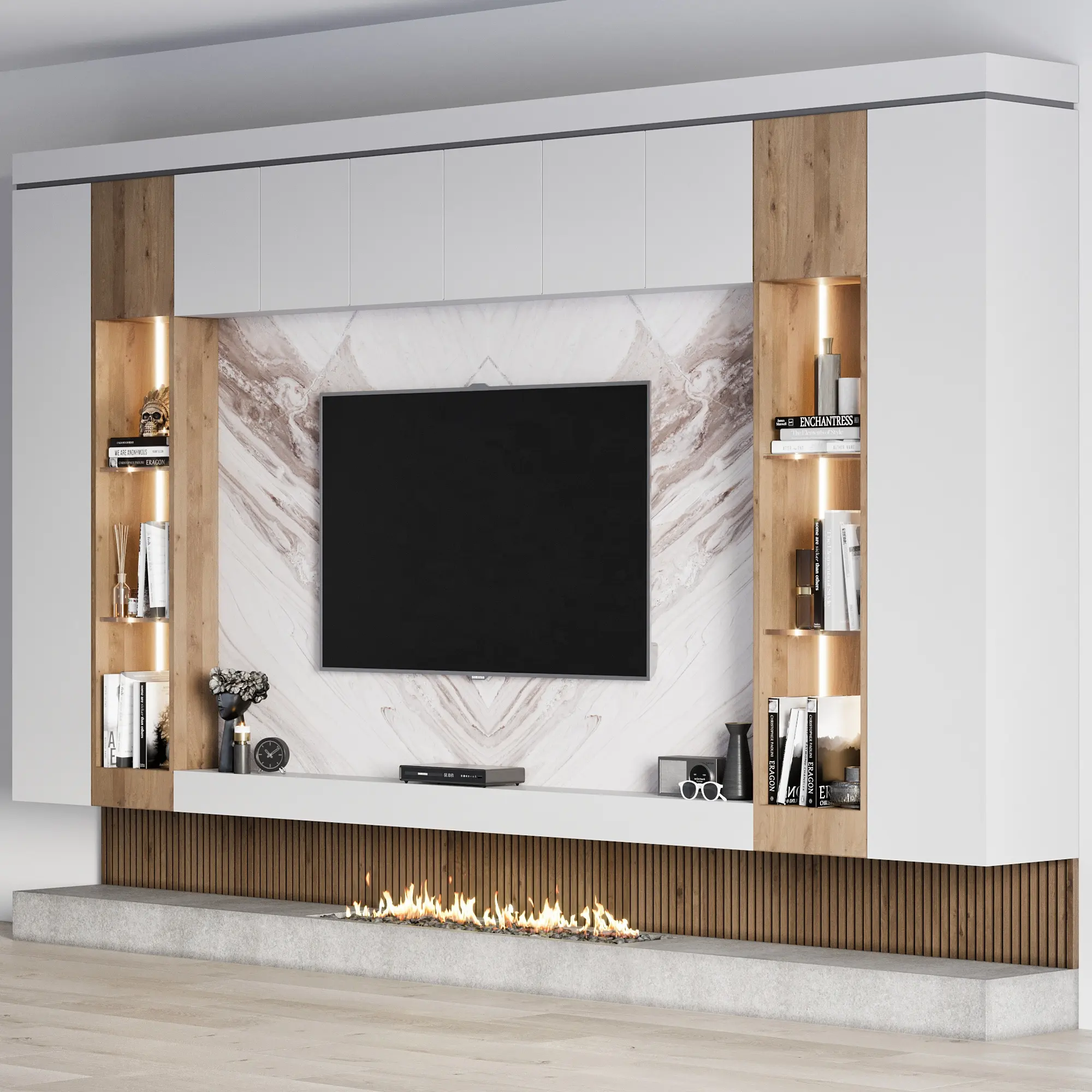 PA muebles de sala de estar modernos gabinete de unidad de pared de madera soporte de exhibición de TV con chimenea eléctrica