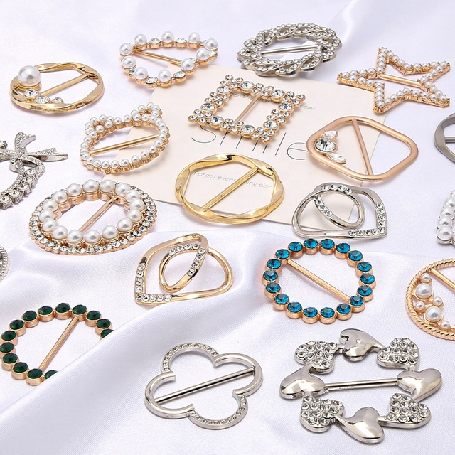Fancy Design Apparel Metal Trims Rhinestone Buckle Pearl Silk Scarf Jewelry Accessories Gold Rose Gold Scarf Clips Ring