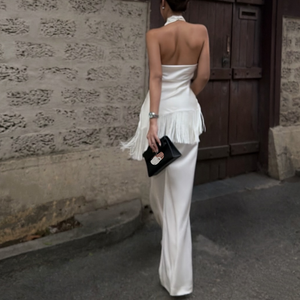 Elegante Conjunto de Satén Blanco para Mujer, Top Halter sin Espalda con Pantalones Anchos de Pierna Larga con Volantes, para Primavera/Verano - Product Image 2