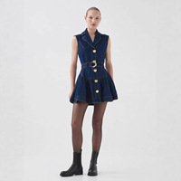 Robe midi décontractée rétro en denim uni sans manches, nouvelle collection automne/hiver 2025, vêtements pour femmes, col à revers, ceinture, bouton simple