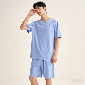 SUHE <b>PJ</b>-1456 <b>Men's</b> Cotton Pajamas <b>Set</b> <b>Short</b> Sleeve <b>Shorts</b> Ocean Blue Light Blue Thin Loose Fit Summer Sleepwear - Product Image 2