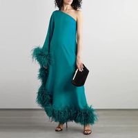 2023 Luxus kleider Frauen Muslimische Frauen Abend Robe Kleid Eine Schulter Pelz Straußen feder Lange Seide Abendkleid