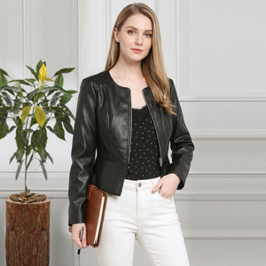 Abrigo de Invierno 2026 Personalizado de la Mejor Calidad para Mujer, de Cuero Genuino, Transpirable, sin Cuello, Corte Ajustado, Cierre de Cremallera Negro - Product Image 1