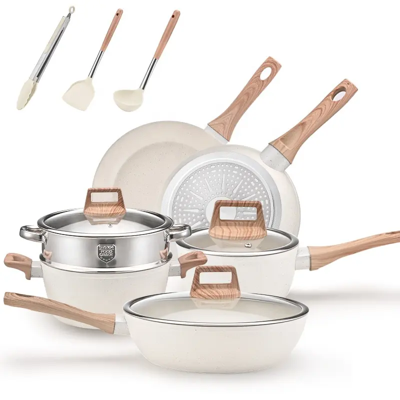 Bán buôn 12 miếng kim loại hợp kim Nhôm Nhà Bếp Nấu Ăn Pan Pot Set không dính Cookware sets với gỗ xử lý