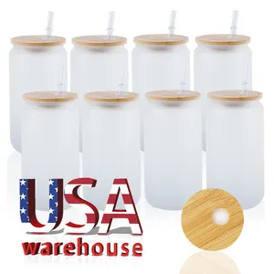 Usa Warehouse 12Oz 16Oz 20Oz 25Oz 16 Oz Straight Clear Frosted Water Bottle Sublimation Glass Can Tumbler Cup With Wooden Lid