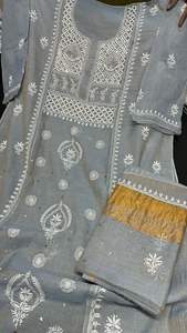 Meilleure collection Pure Soft Natural Tissue Silk Chikan Mukaish Chemise d'été droite semi-cousue brodée à la main Dupatta Formal - Product Image 6