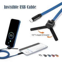 Câble de charge rapide PD tressé Type-C 60W 2-en-1 avec support invisible intégré pour téléphone, ordinateur de jeu, appareil photo, en cuivre pur et nylon
