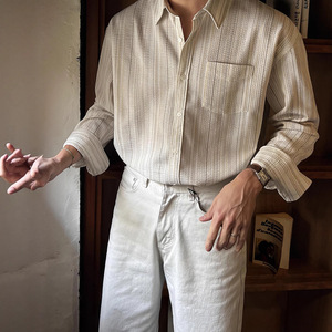 Chemise à manches longues en coton mélangé pour homme, rayures abricot, sans plis, décontractée, printemps-été, coupe jeune - Product Image 2