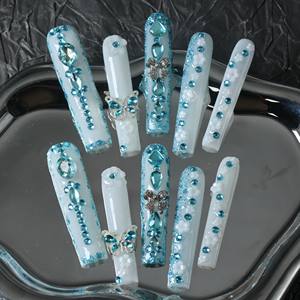 Uñas acrílicas hechas a mano al por mayor, uñas postizas acrílicas cuadradas de cobertura completa, diamantes de imitación azules, diseño de flores en 3D, personalizables. - Product Image 2
