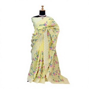 Sari de Seda Amarillo Liso de Boutique India, Satén Banglory, Hermoso Trabajo de Bordado Múltiple, Tradicional para Mujeres, Boda, Fiesta, Novia - Product Image 1