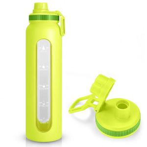Bouteille d'eau en verre borosilicate haute résistance avec manchon en silicone, couvercle sport en plastique, sans BPA, compatible micro-ondes et lave-vaisselle, pour camping et usage extérieur - Product Image 2