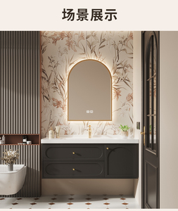 Meuble-lavabo mural de salle de bain de luxe moderne gris foncé laqué en PVC, avec vasque en céramique, miroir et deux tiroirs – Nouveauté 2026 – Fournisseur d'usine - Product Image 6