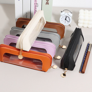 Trousse à crayons de grande capacité de style coréen pour étudiants, boîte à crayons portable en cuir PU avec fermeture éclair, étui transparent imperméable pour stylet. - Product Image 1