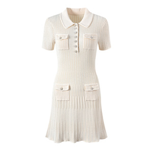 Vintage elegante estilo 2024 primavera señora Turn-Down Collar manga corta mujeres de punto de lentejuelas ajustado con volantes Vestido corto sólido - Product Image 6