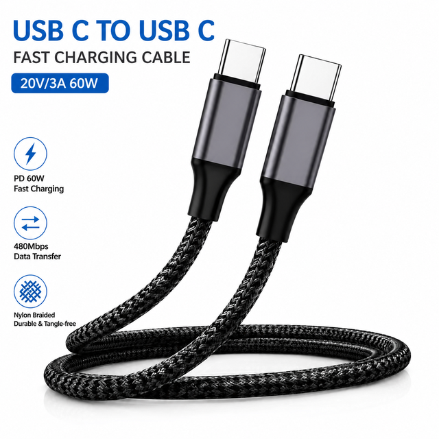 Durable PD 60W Fast Charging USB C to Type C Cable Nylon Braided Reinforced Joint High Speed Data Transfer Wire 6ft