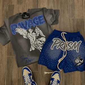 Conjunto de dos piezas de verano estilo streetwear con lavado ácido personalizado y pedrería, compuesto por camiseta gráfica estampada de corte holgado y pantalón corto. - Product Image 1