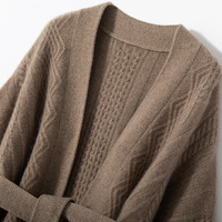 Cardigan décontracté pour femme 100 % cachemire, tricot plat, ouvert sur le devant, avec ceinture, fabrication sur mesure OEM ODM