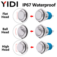 16mm IP67 방수 금속 푸시 버튼 스위치 플랫 하이 볼 헤드 링 LED 푸시 버튼 스위치 1NO1NC 순간 래칭 3A 250VAC