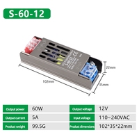 Alimentation à découpage ultra-mince en aluminium 110V/220V CA vers 12V/24V CC, sortie unique 5A 60W, certifiée CE FCC RoHS, vente en gros