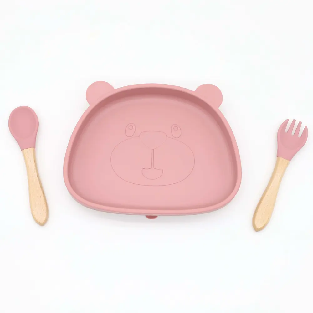 Nuovo arrivo eco-friendly Non tossico forte ciotola di aspirazione cucchiaio Set alimentazione bavaglino ciotola e piatto in Silicone per bambini