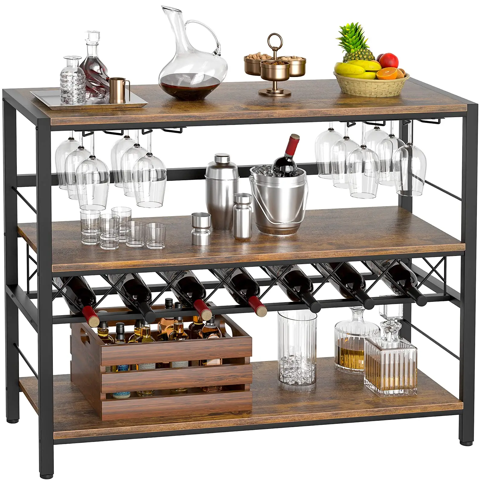 Industrial Bar Cabinet with Wine Rack and Glass Holder Vintage Liquor Cabinet with Storage for Bar, Buffet, Dining Room