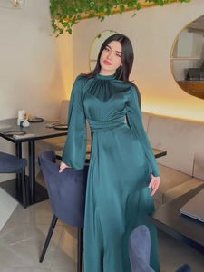 Wholesale Elegant Princess Style Solid Satin Dress From Turkey Sharut ODM Supply XXL Size Long Flare Sleeve for Eid Party - Product Image 2
