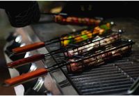 Panier à brochettes en acier inoxydable avec poignées en bois pour grillades en plein air, panier à brochettes antiadhésif