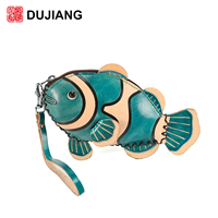 Porte-monnaie miniature en cuir véritable DUJIANG, motif poisson-clown, fermeture éclair, durable, portable, avec cordon, modèle unisexe K246