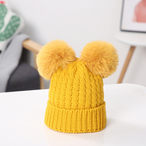 Custom Label Solid White Brown Warm Winter Kids Knitted Hat Single-cuff Cute Double <strong>Pom</strong> <strong>Pom</strong> Children Winter <strong>Beanie</strong> Hats - Product Image 5