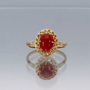 Blood Red Coral Oval Classic <b>Ring</b> 18K Gold Diamond Japanese Artisan Handmade Fine Jewelry Elegant <b>Statement</b> <b>Ring</b> Gift - Product Image 1
