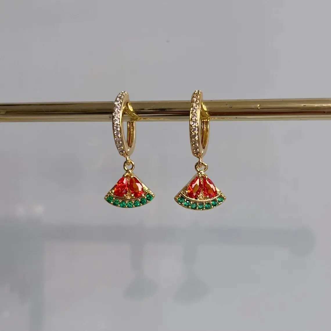 Wholesale 18k Gold Plated Palestine Earring Watermelon Jewelry 316l Stainless Steel Diamond Red And Green Huggie Hoop Earrings