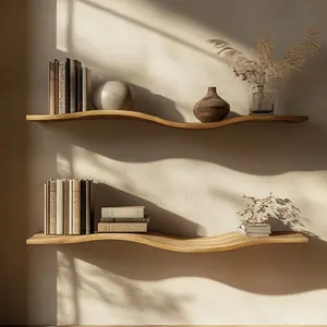 Librería de mediados de siglo, soporte de noche flotante, decoración secreta para el hogar, estante de madera rústico ondulado artesanal, estante flotante ondulado - Product Image 1