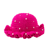 PARTYMENT Gorro de pescador de punto con borde con volantes hecho a mano Gorro de ganchillo con perlas decoradas