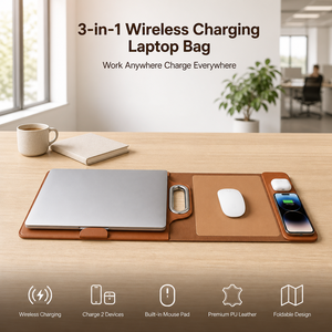Housse pour ordinateur portable multifonctionnelle 4 en 1 avec chargeur sans fil, tapis de souris, chargeur rapide, sac pour ordinateur portable en cuir PU pour téléphone, écouteurs, tablette - Product Image 1