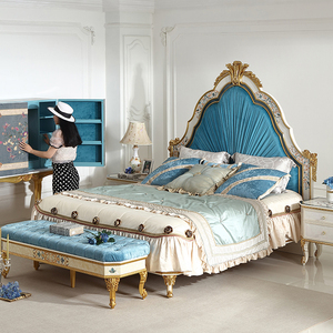 Ensemble de meubles de chambre à coucher classiques King Size Lit de luxe en bois massif avec feuille d'or en nacre Lit espagnol antique - Product Image 4